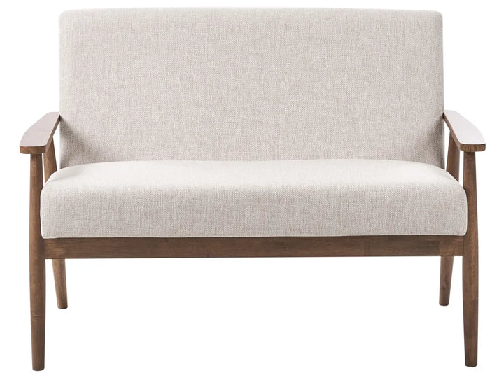 Beige loveseat with wooden frame on a white background
