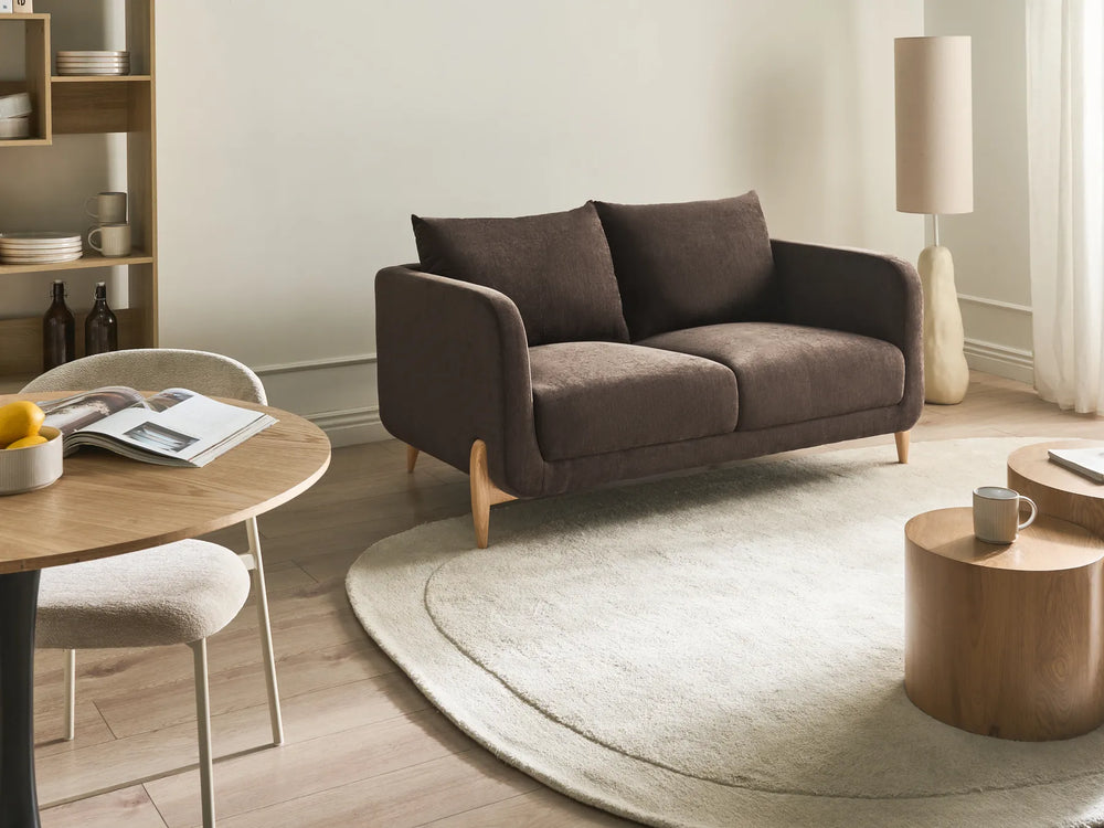 Modern living room with a brown sofa, wooden coffee table, and round rug.
