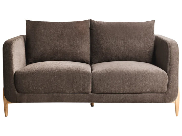 Brown fabric sofa with wooden legs on a white background