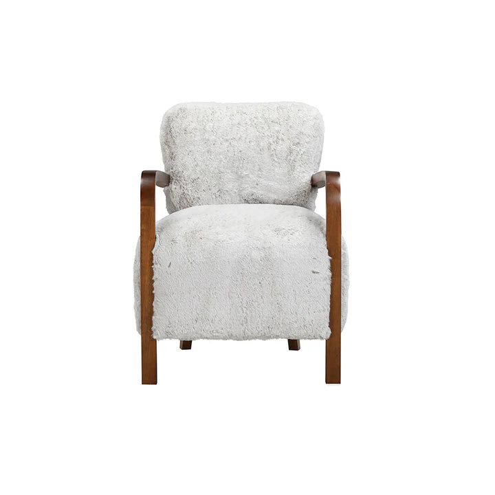 Chair with white textured cushion and wooden frame on a white background