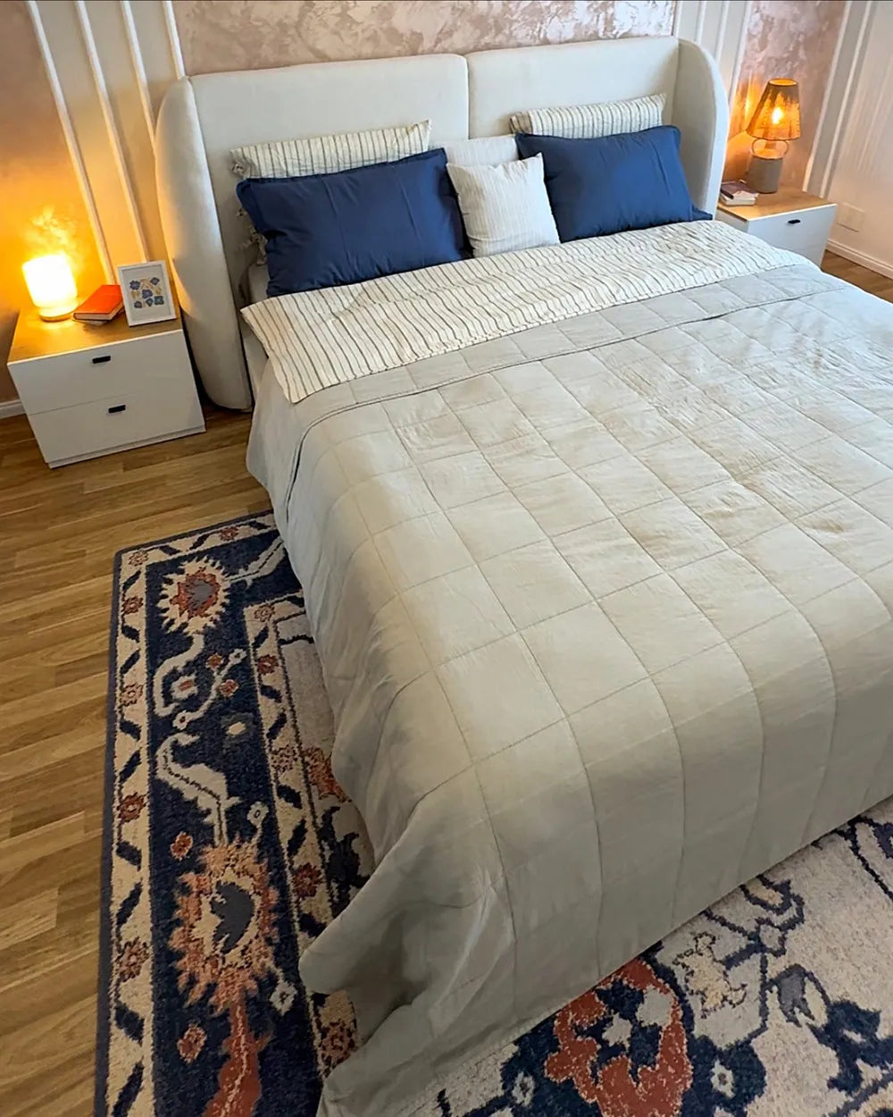 Super king fabric storage bed in soft neutral finish