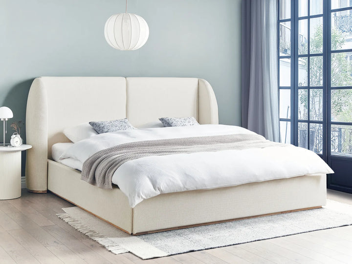 Modern ottoman bed with upholstered off-white headboard