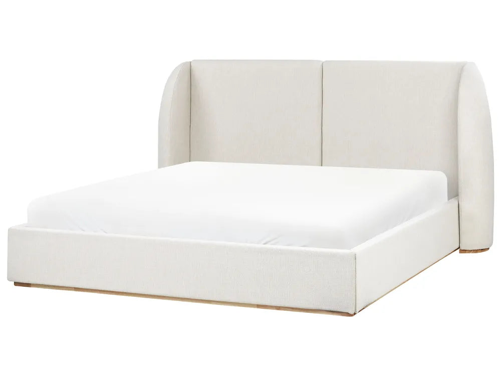 Off-white fabric super king ottoman bed with lift-up storage