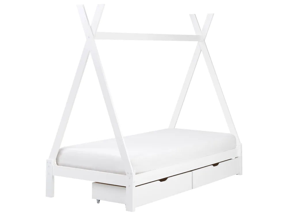 White canopy bed with storage drawers on a white background