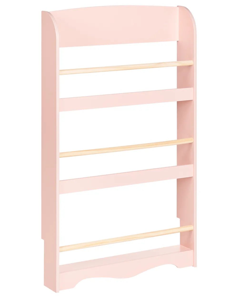 Pink bookshelf with multiple shelves on a white background