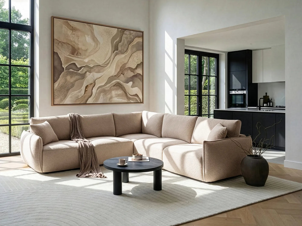 Beige bouclé modular corner sofa, left-hand layout
