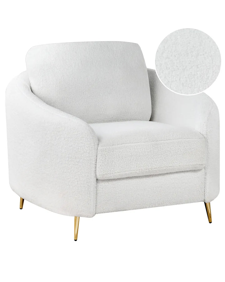 White armchair with gold legs on a white background