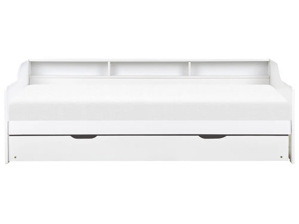 White bed with storage drawers on a white background