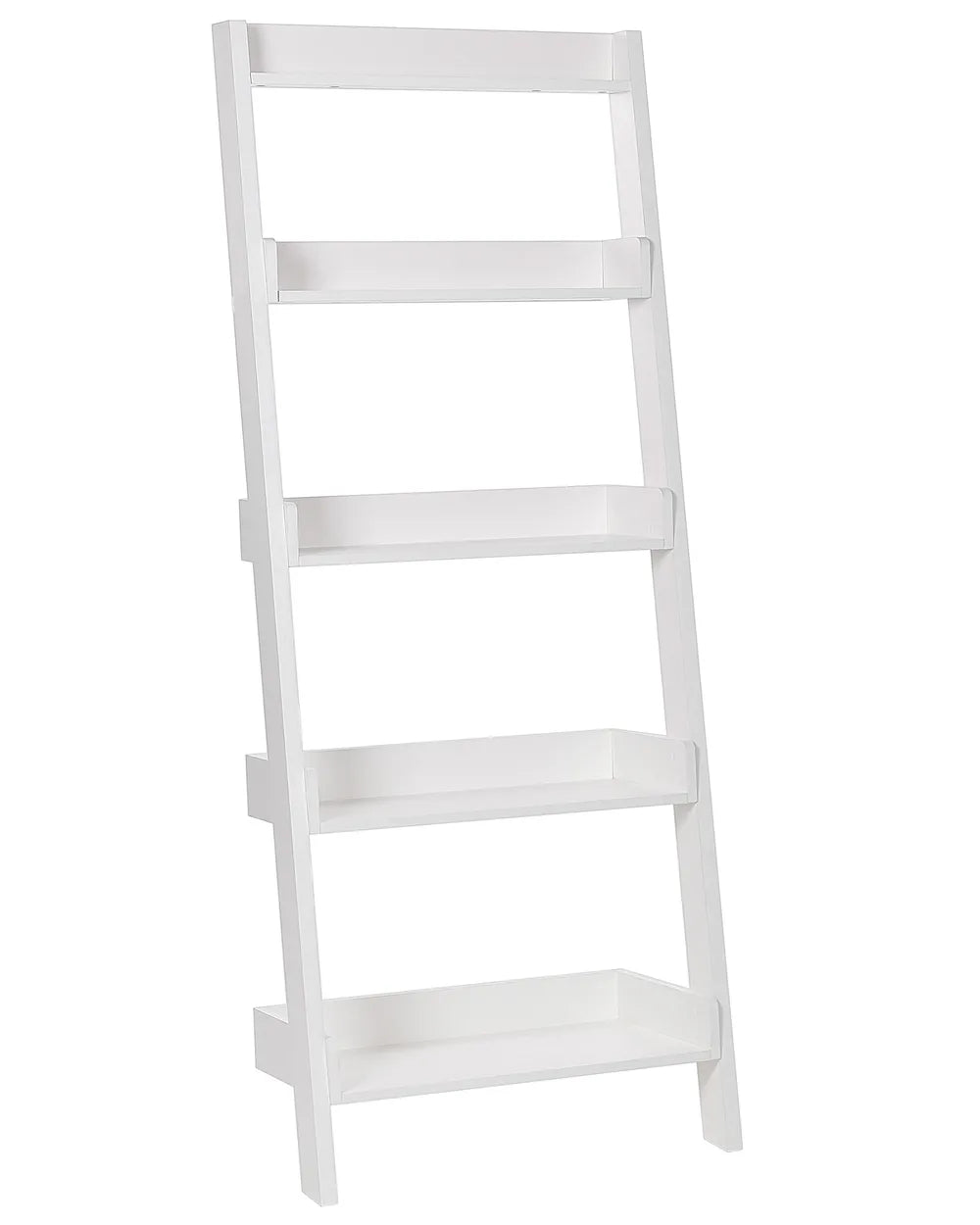 White ladder shelf with four shelves on a white background