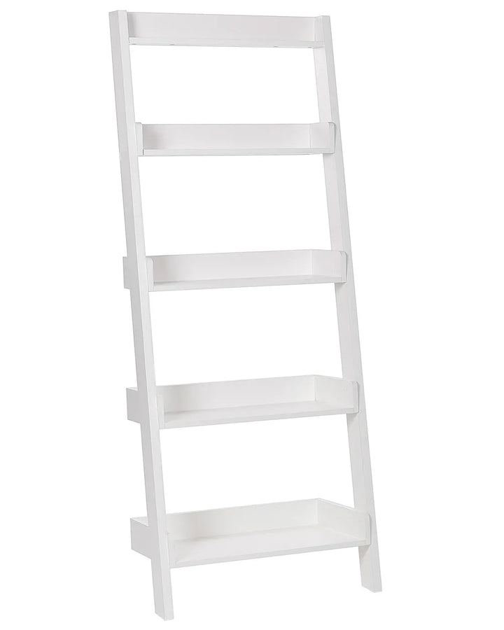White ladder shelf with four shelves on a white background