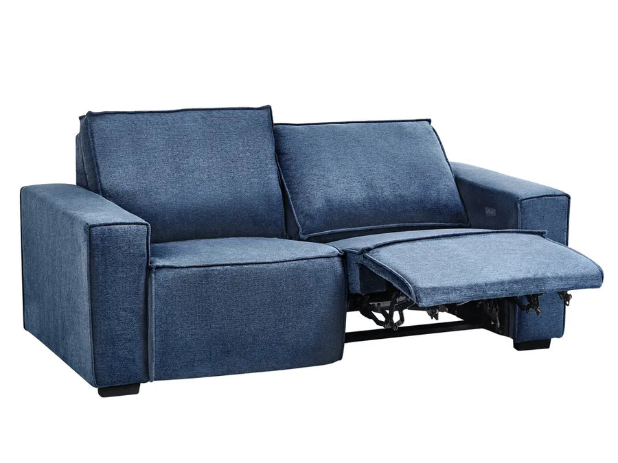 blue fabric 2 seater electric recliner sofa with padded cushions