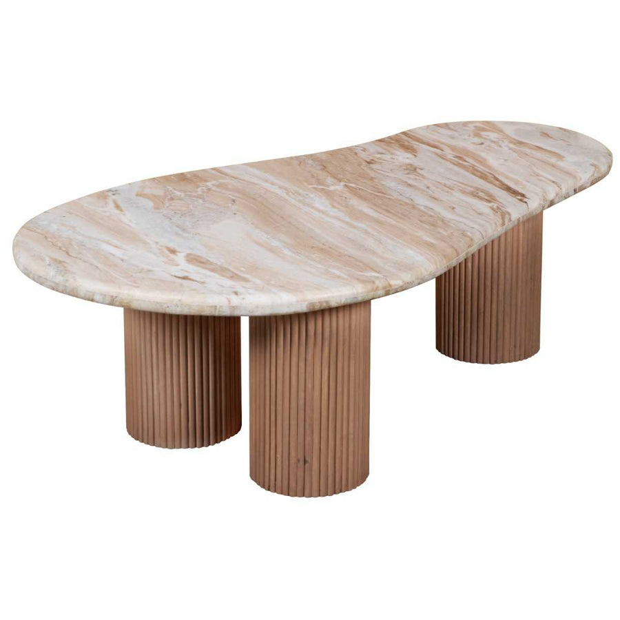Marble-top coffee table with ribbed cylindrical legs on a white background