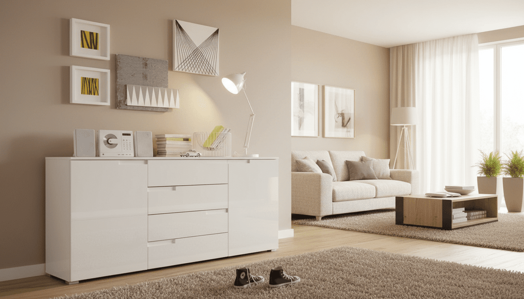 Modern living room with white dresser, beige sofa, and decorative elements.