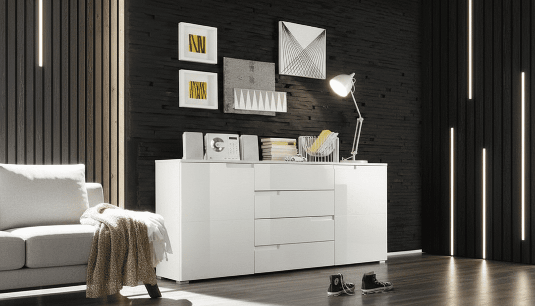 Modern living room with a white sideboard, sofa, and decorative elements.