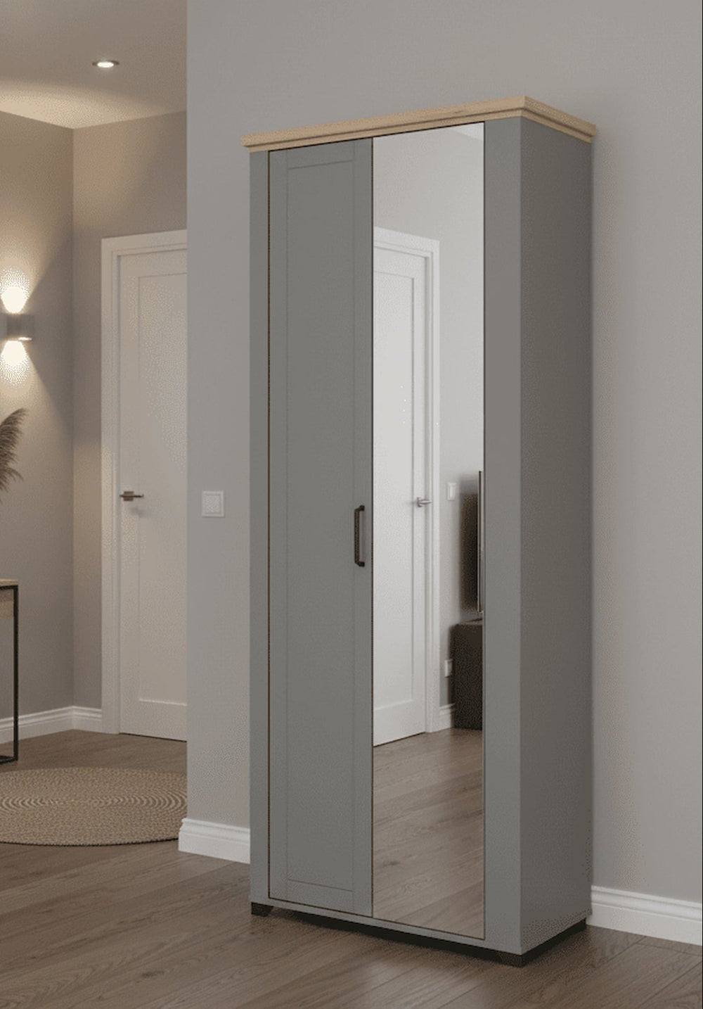 Grey and artisan oak slim mirrored wardrobe with shallow depth