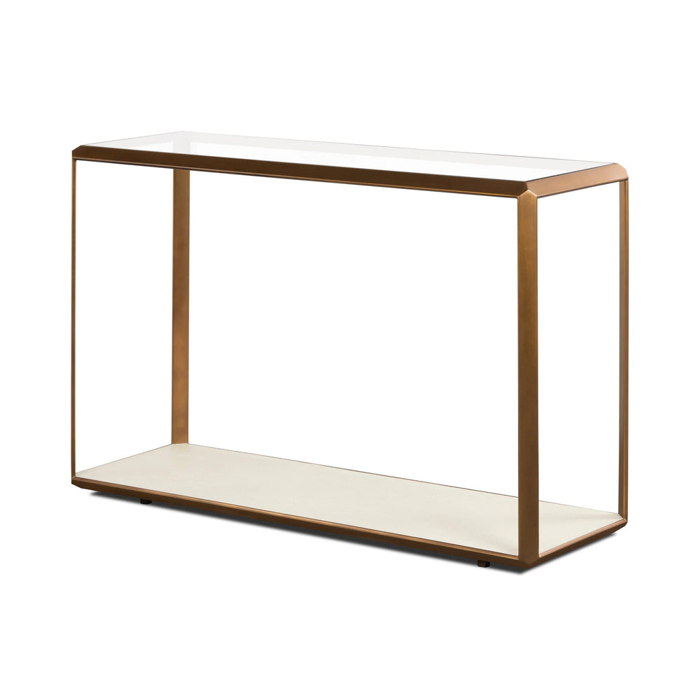 Console table with gold frame and white shelf on a white background