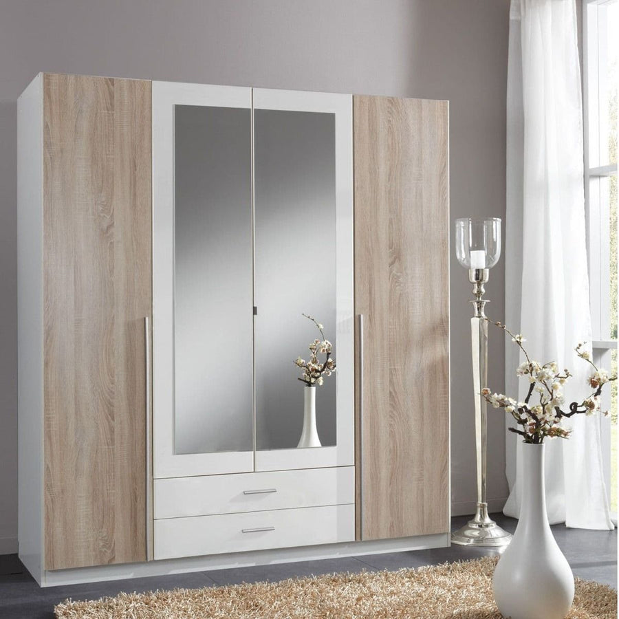 Wooden wardrobe with mirror doors in a room setting