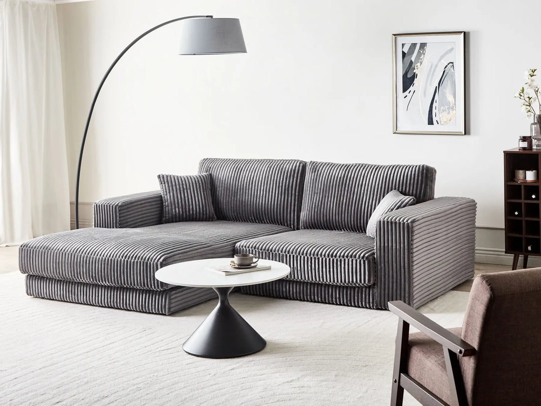 Right hand dark grey corduroy corner sofa modern living room