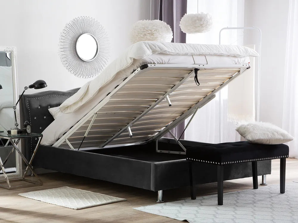 Upholstered velvet bed with button tufting and storage