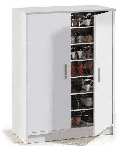 White storage cabinet with open door showing various items on a white background
