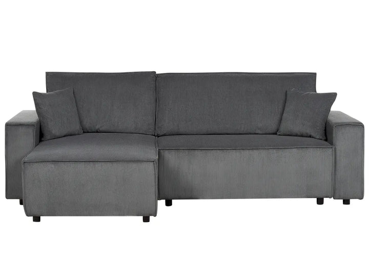 Gray sectional sofa with cushions on a white background