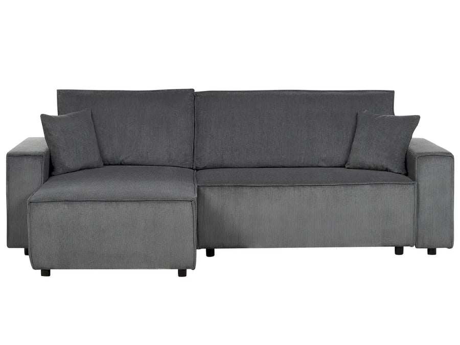 Gray sectional sofa with cushions on a white background