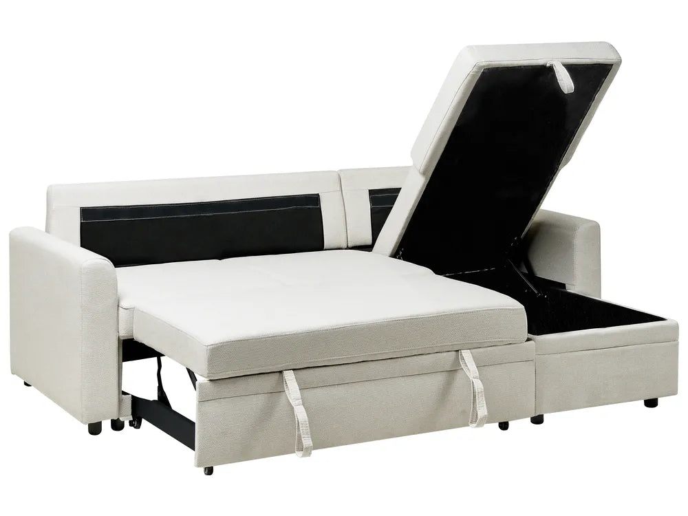 Corner Sofa Bed 3 Seater Faux Linen Light Beige Left Hand Azuri