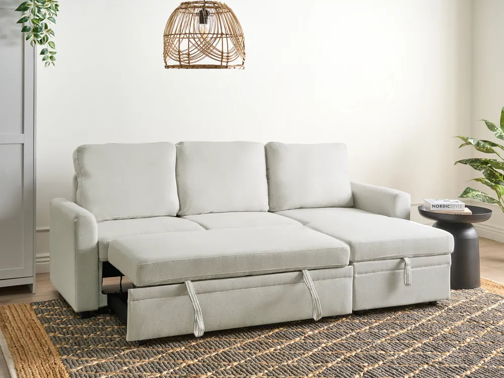 Corner Sofa Bed 3 Seater Faux Linen Light Beige Left Hand Azuri