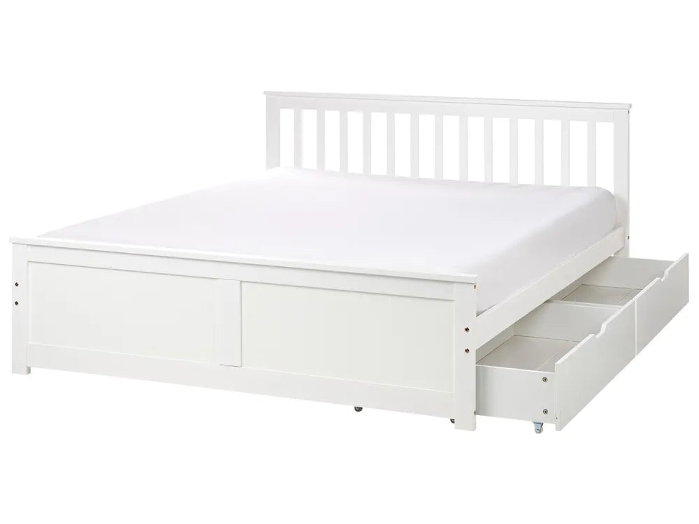 White wooden bed frame with storage drawers on a white background