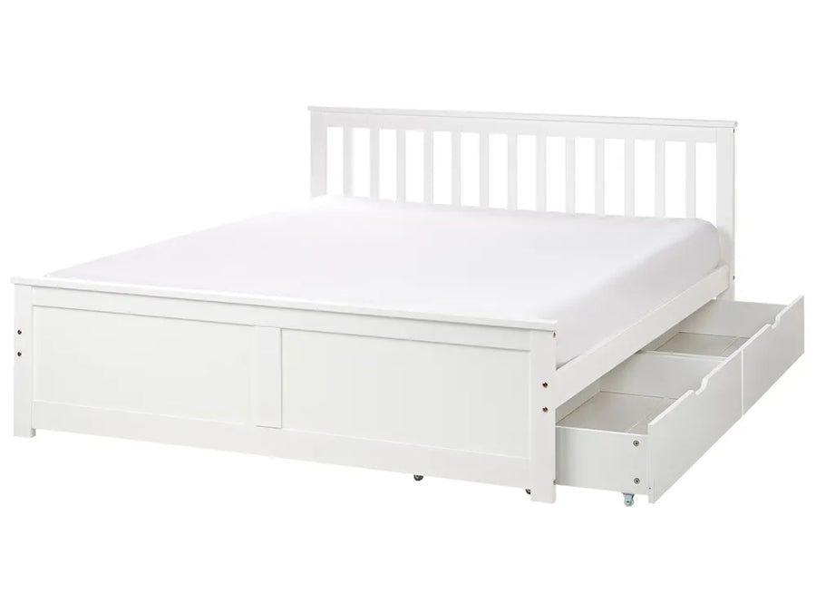 White wooden bed frame with storage drawers on a white background