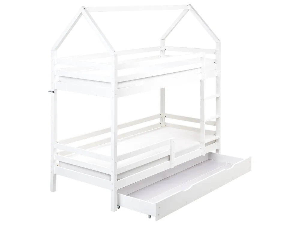 White children's bed with a house design on a white background