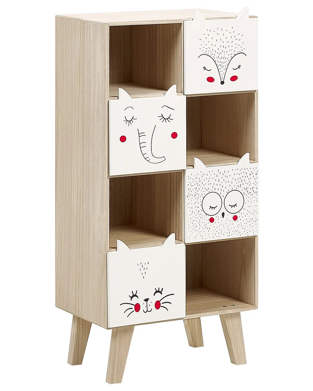 Wooden cabinet with cat face designs on the doors against a white background