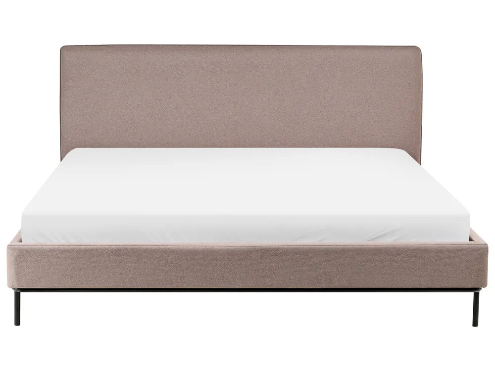 Beige bed frame with white mattress on a white background