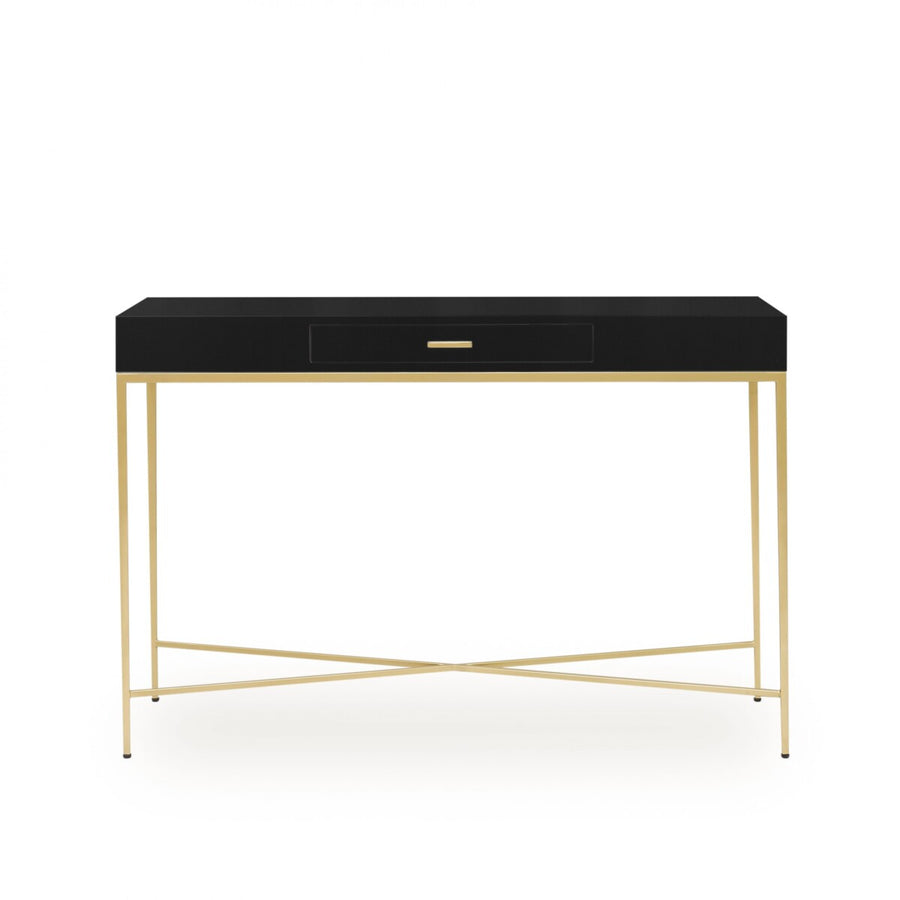 Black console table with gold legs on a white background