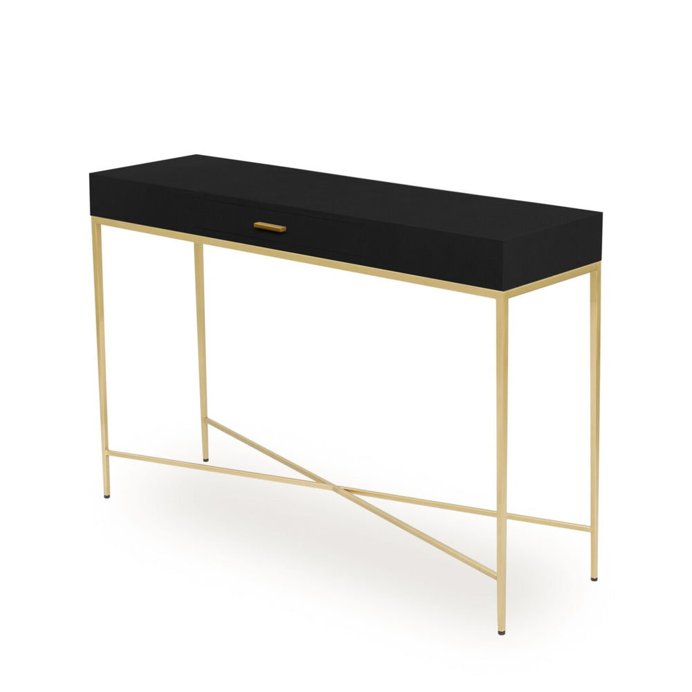 Black console table with gold legs on a white background