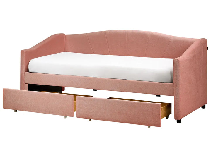 Pink sofa bed with white mattress and open drawers on a white background