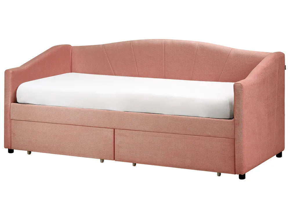 Pink sofa bed with a white mattress on a white background