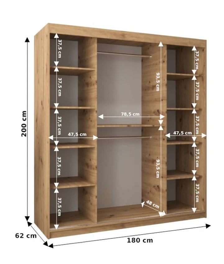 Boliwia Contemporary 2 Mirrored Sliding Door Wardrobe 9 Shelves 2 Rails Sonoma Oak Effect