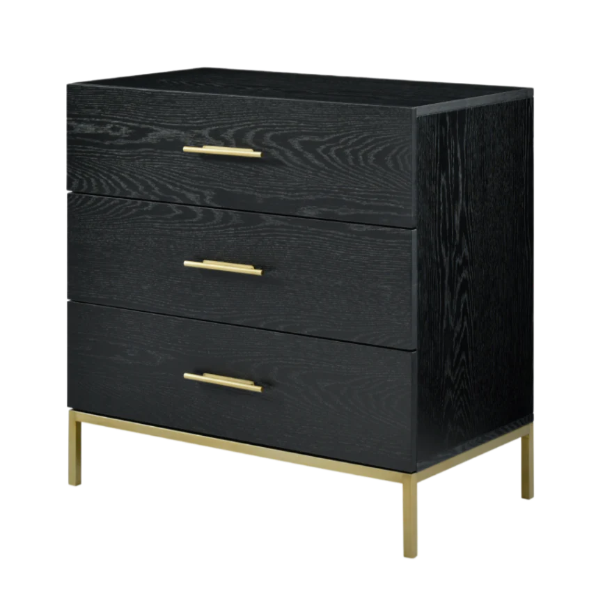 Black dresser with gold handles on a white background