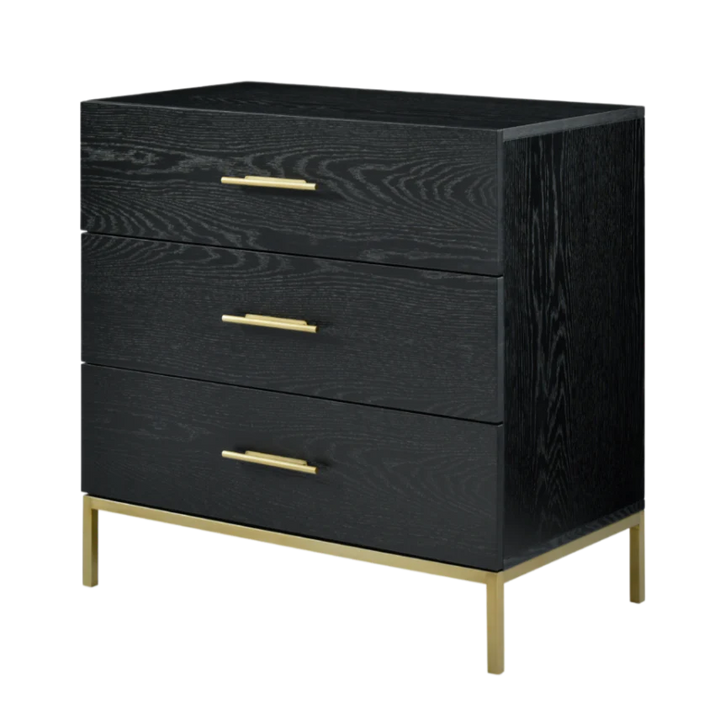 Black dresser with gold handles on a white background