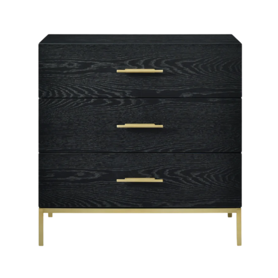 Black dresser with gold handles on a white background
