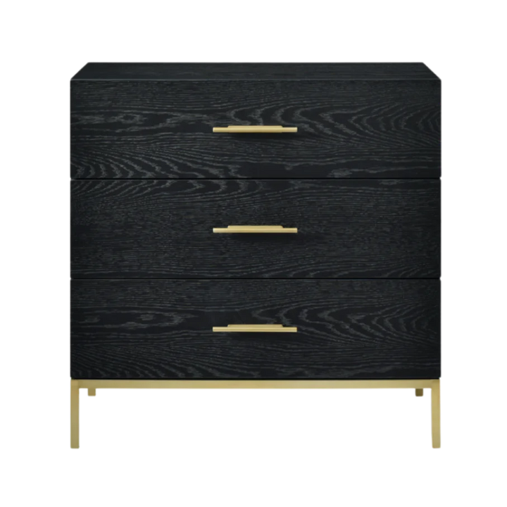 Black dresser with gold handles on a white background