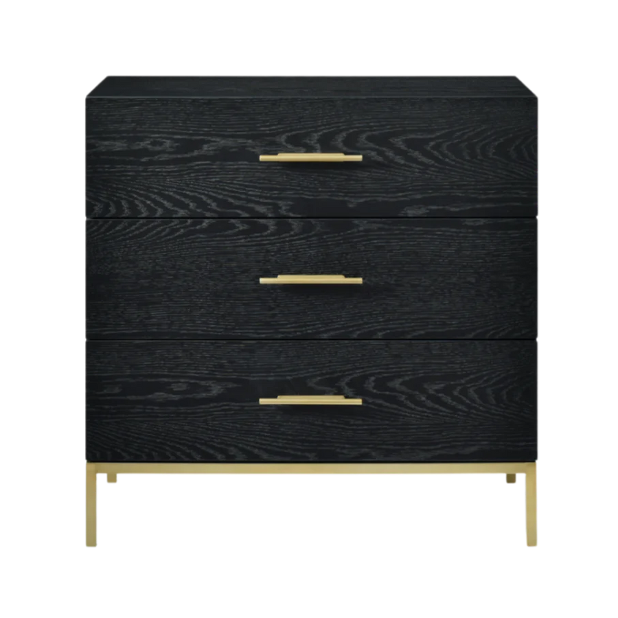 Black dresser with gold handles on a white background