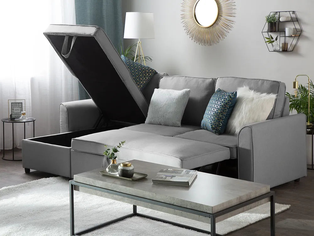Corner Sofa Bed 3 Seater Fabric Light Grey with Storage Right Hand Mauralia