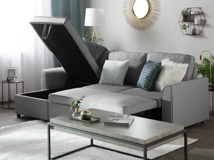 Corner Sofa Bed 3 Seater Fabric Light Grey with Storage Right Hand Mauralia