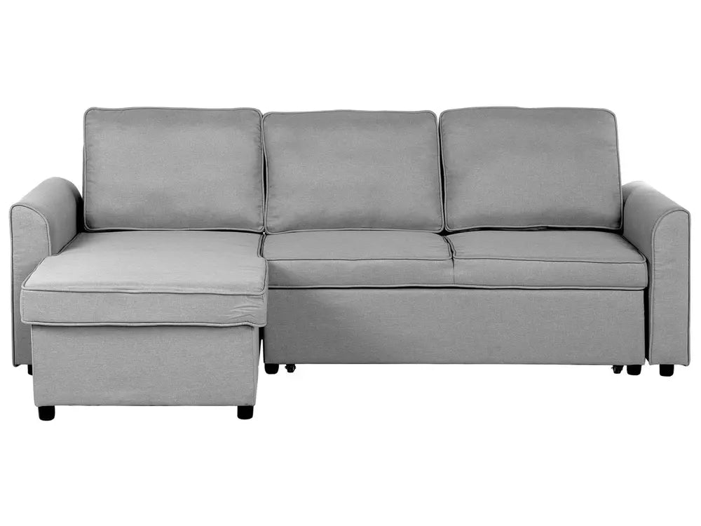 Right-hand light grey fabric corner sofa bed with storage and chaise