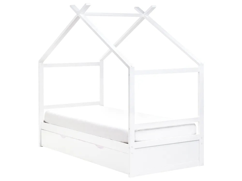 White children's bed with a house design on a white background