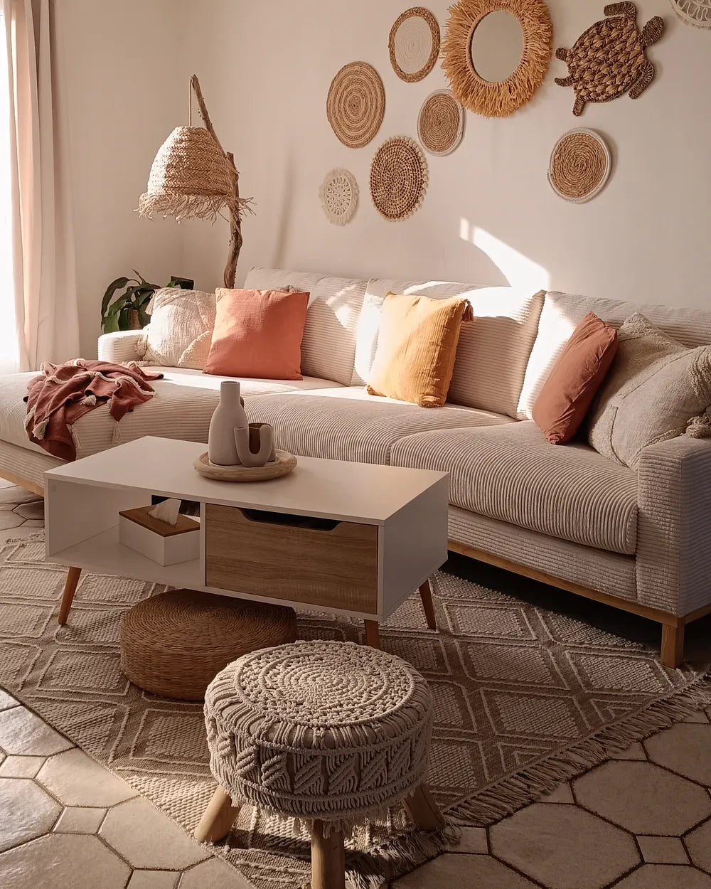 Corner Sofa 4 Seater Corduroy Light Beige Right Hand Herrick