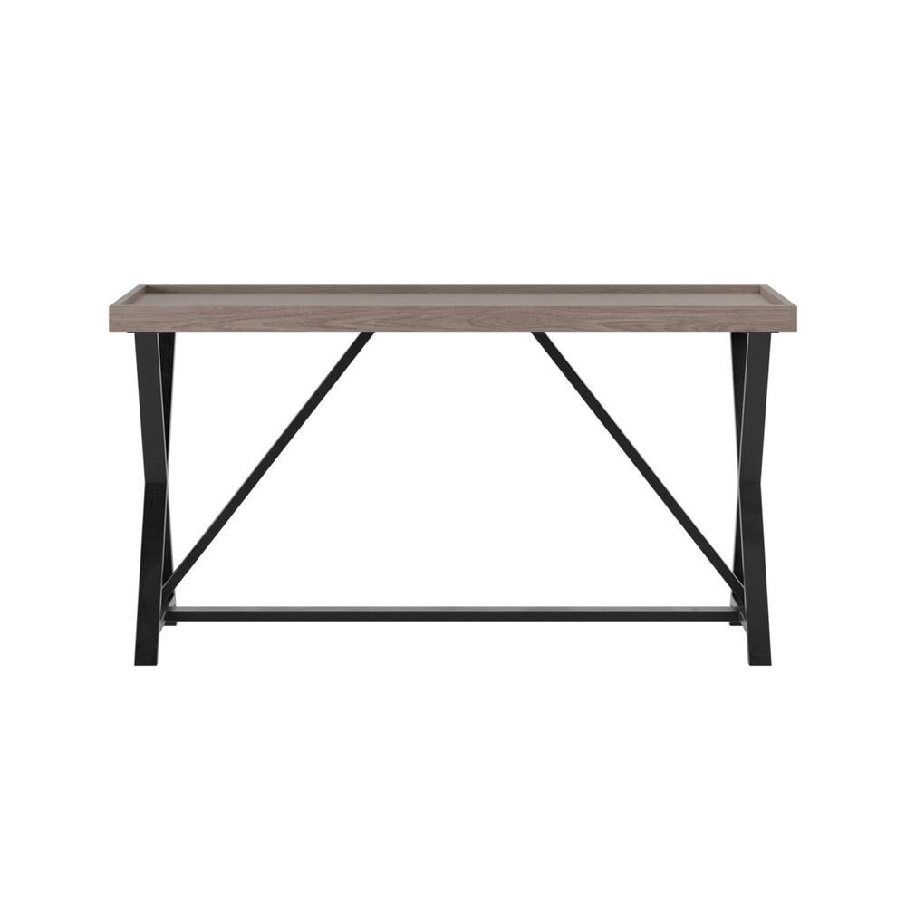 Wooden table with black metal legs on a white background