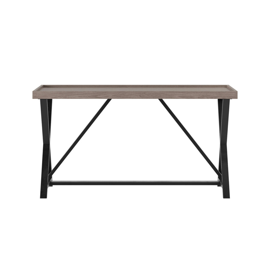 Wooden table with black metal legs on a white background